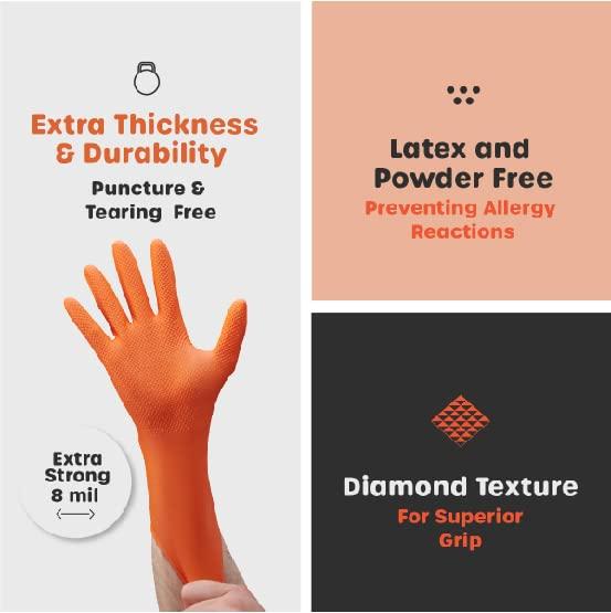 Comfy Package [100 Count 8 Mil HEAVY DUTY Disposable Orange Nitrile Gloves Heavy-Duty, Industrial, Diamond Texture - Image 3