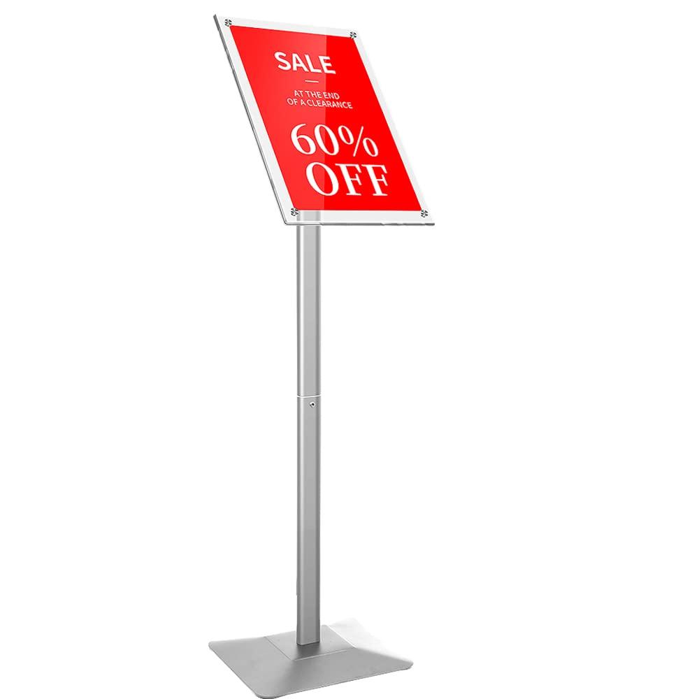 DISPLAYSWORKER Adjustable Heavy Duty Pedestal Acrylic Sign holder floor Stand,sign stand poster stand ,Standing Floor for 11 x 17 inch,Silver (silver, acrylic frame 11-x-17-inch)