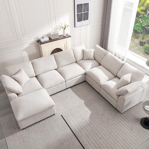 Siiejia Modular Sectional Sofa Modern Oversized Cloud Couch with Movable Ottoman 7 Seater L-Shaped Sofas Comfy Couches for Living Room Spacious Space Office Lounge, Beige - Image 4