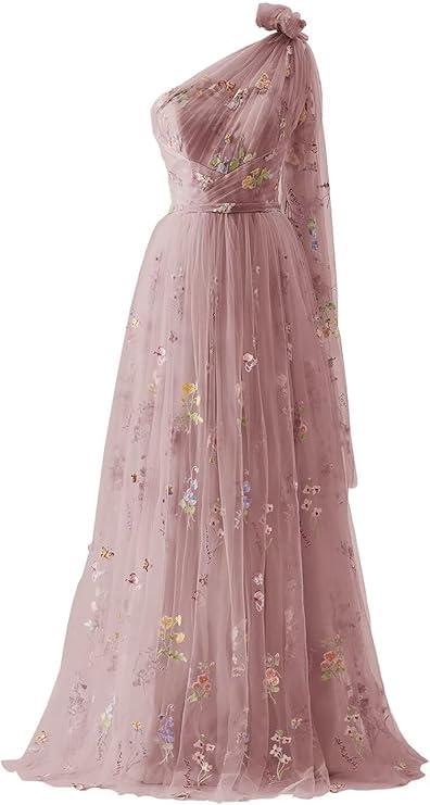 Floral Embroidery Prom Dresses with Pleats Long One Shoulder Spring Tulle Formal Party Dress for Women - Image 1
