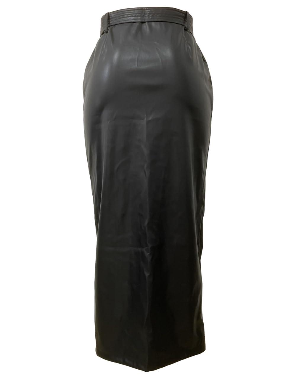 Shiyinvie Women Button Down Front Slit Faux PU Leather Maxi Long Skirt with Belt - Image 5