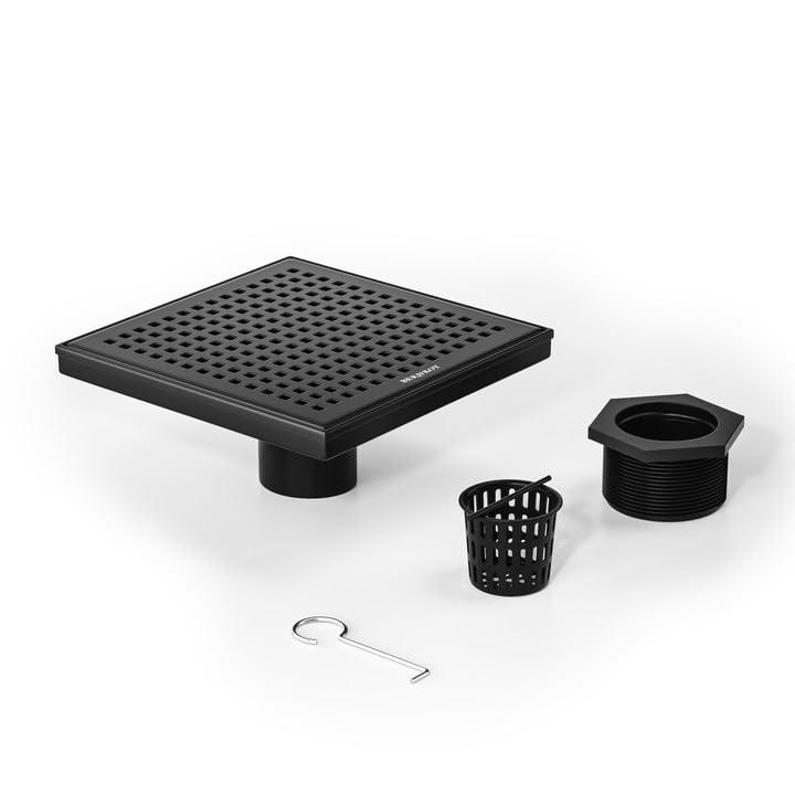 Bernkot Square Shower Drain 8", 304 Stainless Steel Floor Drain with Grid Drain Cover & Hair Strainer, Shower Drain w/CUPC Certified, Matte Black