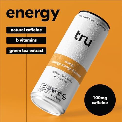 Tru Energy Seltzer, Sparkling Water with Natural Caffeine, Orange Mango Juice, Green Tea Extract & B Vitamins, Lightly Carbonated Energy Drink, Gluten Free, Vegan, Low Calorie, 12 FL OZ Cans, 12 Pack - Image 3