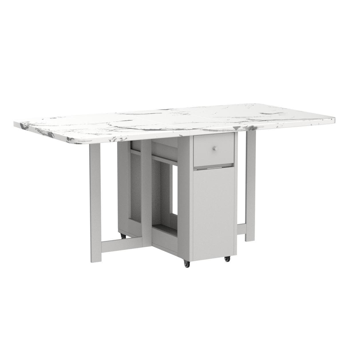 FUNROLUX Folding Dining Table with Rack and 2 Storage Drawers, Movable Extendable Space Saving Kitchen Table in 3 Forms (White) - Image 5