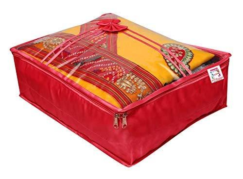 atorakushon Fabric Satin Saree and Blouse Covers Garments Clothes Storage Bag Wardrobe Organizers With Double Zip Lock & Transparent Window Set of 5 Maroon - Image 2