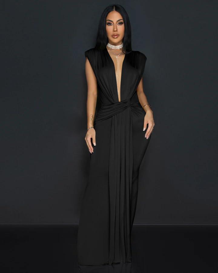 Memoriesea Women's Elegant Sleeveless Deep V Neck Bodycon Party Evening Gown Maxi Dress - Image 4