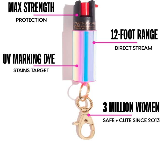 BLINGSTING Pepper Spray for Women - Maximum Strength OC Self Defense Spray - 12 ft Range - UV Marking Dye for Police ID - Swipe Safety Lock, Compact & Fashionable Keychain - Holographic - Image 2