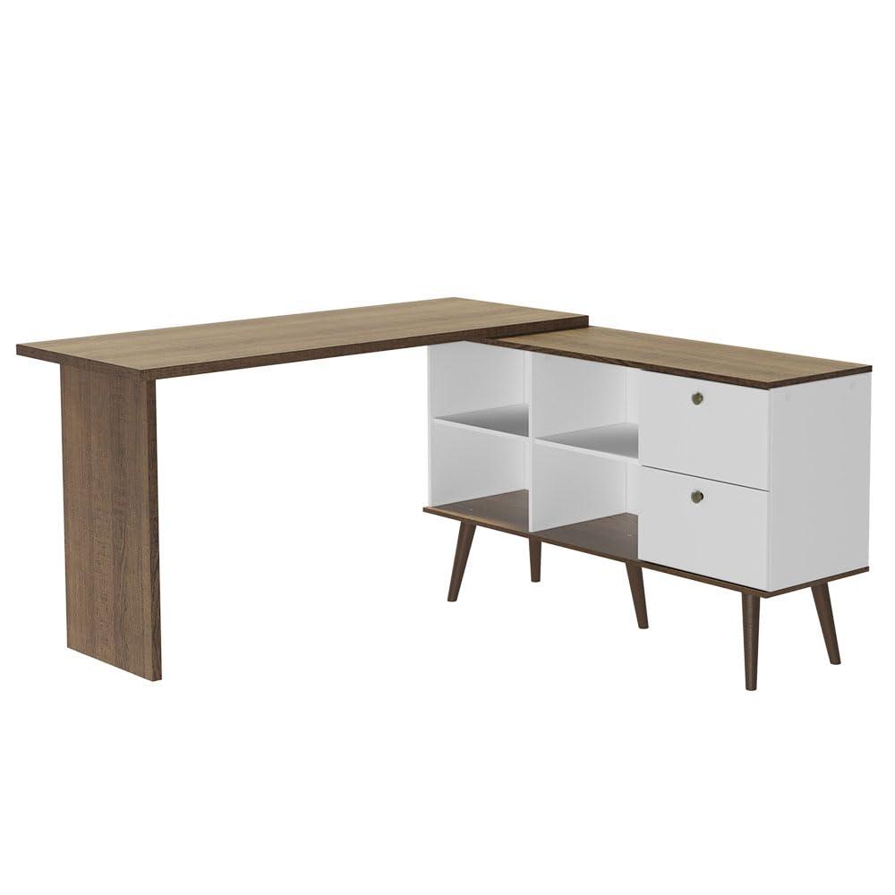 Madesa Modern L Shaped Desk 59 Inch with 2 Drawers and 4 Storage Shelves Home Office Corner Study Table Unit for Kids and Adults - White/Brown - Image 7