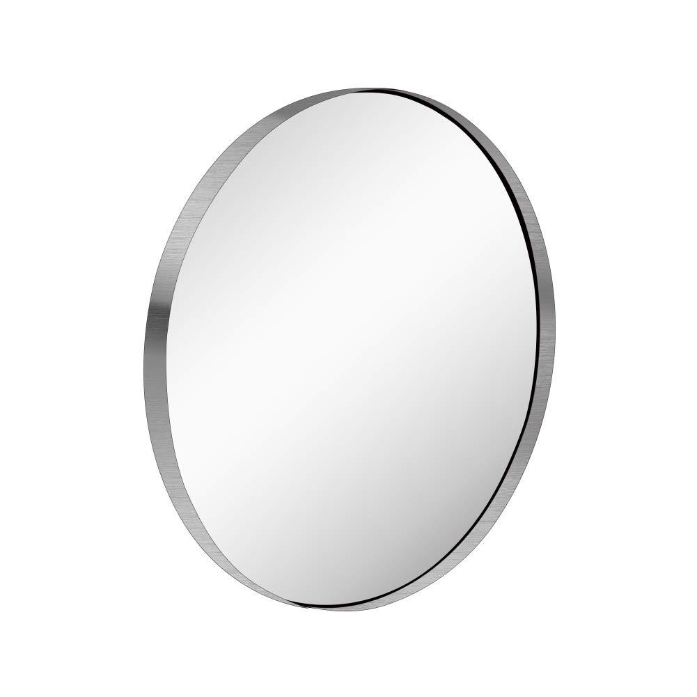 KAASUNES 30-Inch Circle Mirro Brushed Nickel Silver Wall Mounted Round Mirror, Glass Panel Circle Deep Set Design Stainless Steel Framed Mirror for Bathroom Vanity, Entryways, Living Rooms
