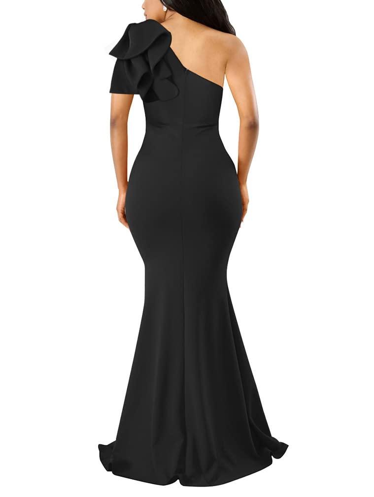 YMDUCH Women's Sexy Sleeveless One Shoulder Ruffle High Split Party Evening Long Formal Dress - Image 2