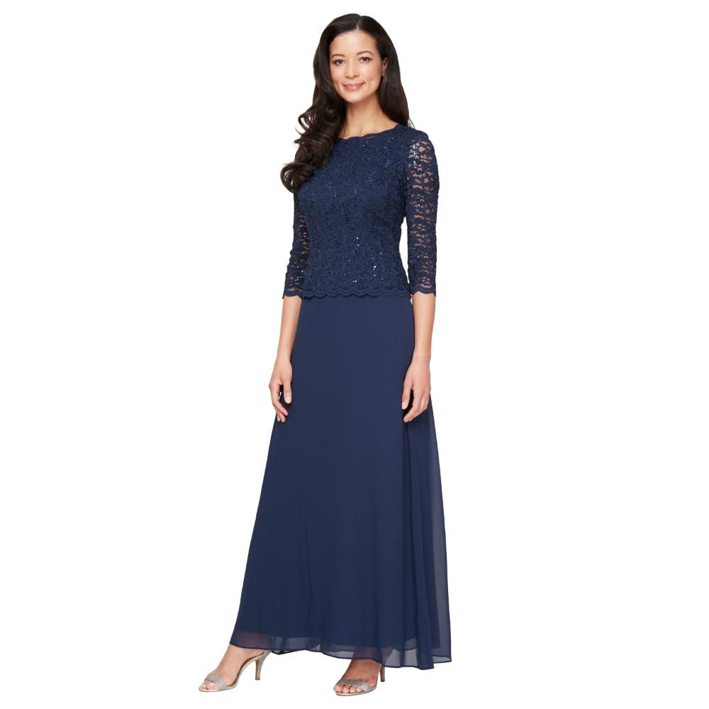 Alex Evenings Women's 3/4 Sleeve Stretch Lace Bodice One Piece Mother of The Bride Dress (Petite and Regular Sizes)