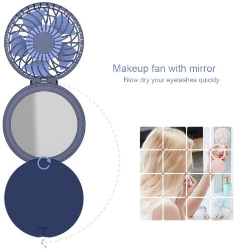 HandFan Mini Necklace Fan with Portable Charger/Makeup Mirror, Personal Hanging Neck Fan Rechargeable, Hands-Free Battery Operated Wearable Fan for Travel Outdoor Makeup(Blue) - Image 3