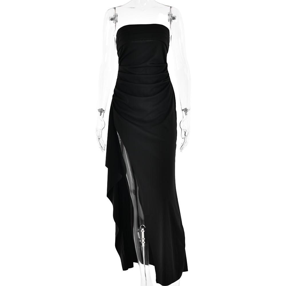 Women's Sexy Strapless Backless High Split Long Maxi Dress Ruched Off Shoulder Sleeveless Bodycon Party Cocktail Dresses - Image 6