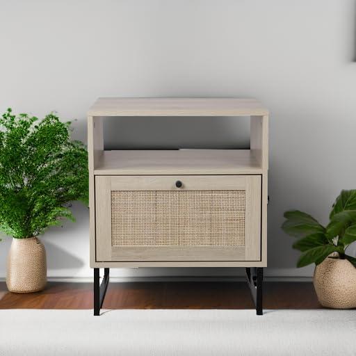 Nathan James Mina Rattan Wood End Side Accent Table Nightstand with Storage for Living Room or Bedroom, 1, Oak/Black - Image 5