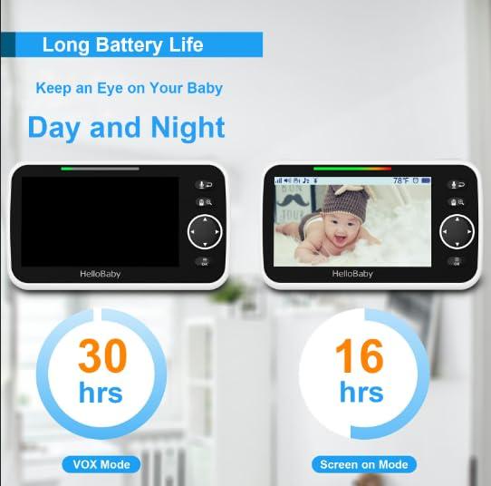 HelloBaby No WiFi Baby Monitor 5" Screen 30-Hour Battery Pan-Tilt-Zoom Video Upgrade with Camera and Audio, Night Vision, VOX, 2-Way Talk, 8 Lullabies and 1000ft Range, Father's Day for New Dad - Image 3