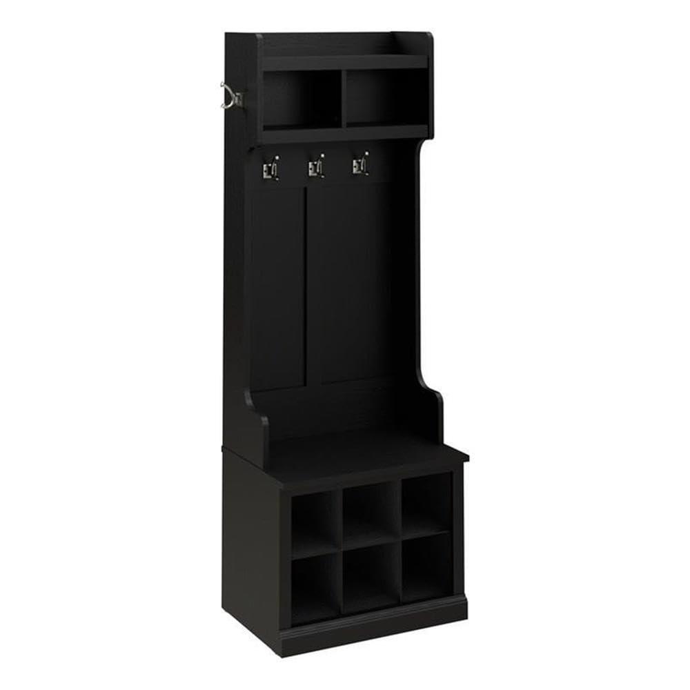 Bush Furniture Woodland 24W Hall Tree and Small Shoe Bench with Shelves in Black Suede Oak | Narrow Foyer, Mudroom, Entryway Storage