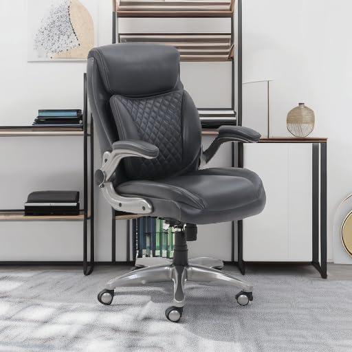 Amazon Basics Ergonomic Executive Office Desk Chair with Lumbar Support, Flip-up Armrests, Adjustable Height, Grey Leather - Image 2