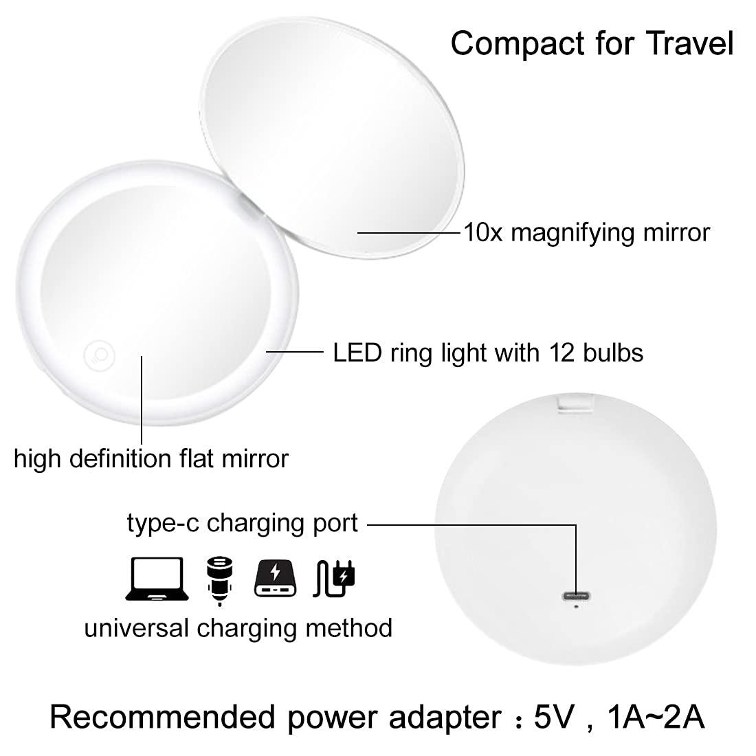 Milishow Compact Mirror with LED Light,1x/10x Magnifying Rechargeable Mirror,3.5in, Dimmable Travel Mirror for Purse,Pocket,Handheld 2-Sided Makeup Mirror - Image 6