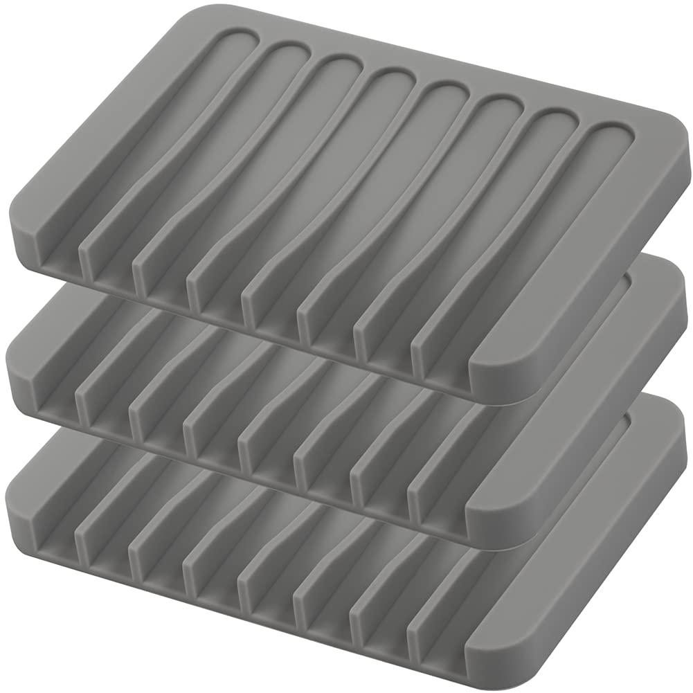 3PCS Self Draining Soap Holder, Premium Silicone Soap Dish, Soap Saver for Shower, Bathroom, Kitchen, Bath Tub, Sponges,Keep Soap Bars Dry Clean,Easy Clean,Extend Soap Life (Grey)