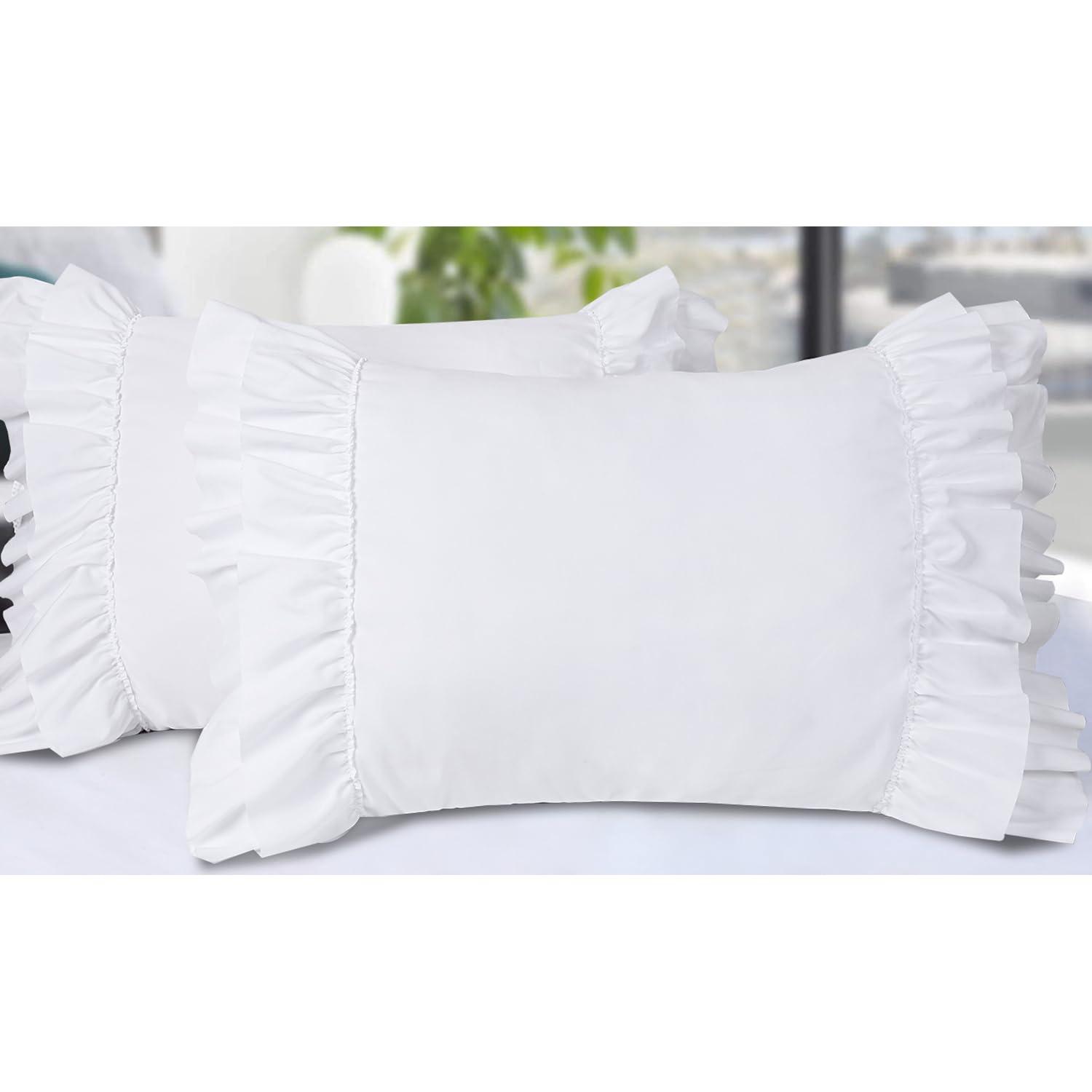 HIG Pack of 2 Farmhouse Ruffle Pillow Shams, Standard Size White French Country Style Vintage Pillowcases with Handcraft Ruffle, Boho Frilly Pillow Shams for Bedroom, Microfiber, 20" X 26" (Emory)