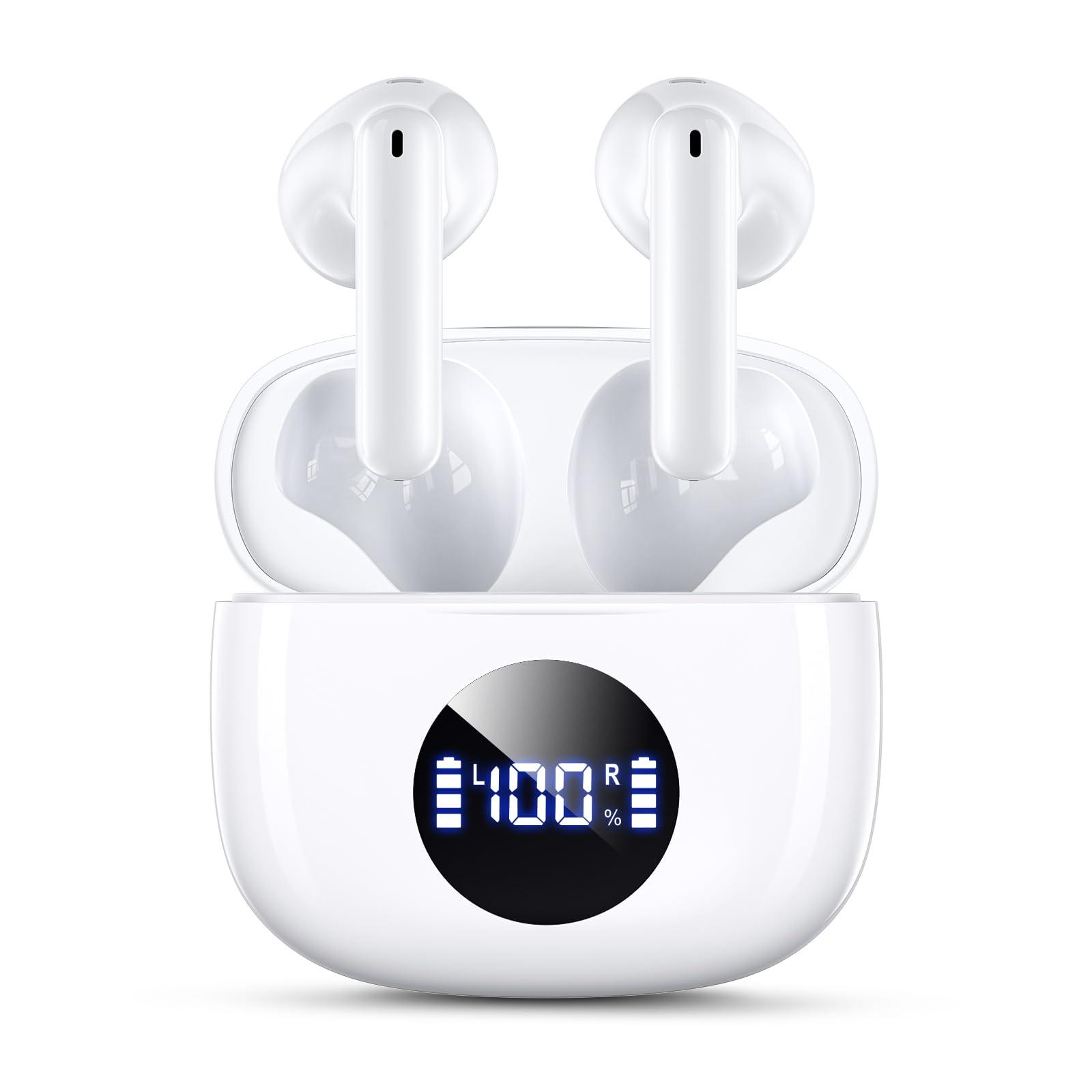 HIYDOO Wireless Earbuds, Bluetooth 5.3 Headphones with Charging Case, Lightweight in-Ear Stereo Earphones with Mic for Android/iOS Cellphone, Waterproof Cordless Earphones for Sports-Ivory White