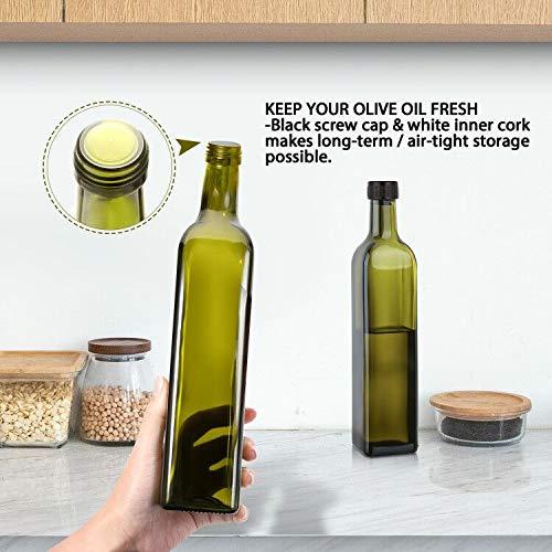 AOZITA 17oz Glass Olive Oil Bottle Dispenser - 500ml Green Oil and Vinegar Cruet with Pourers and Funnel - Olive Oil Carafe Decanter for Kitchen - Image 5