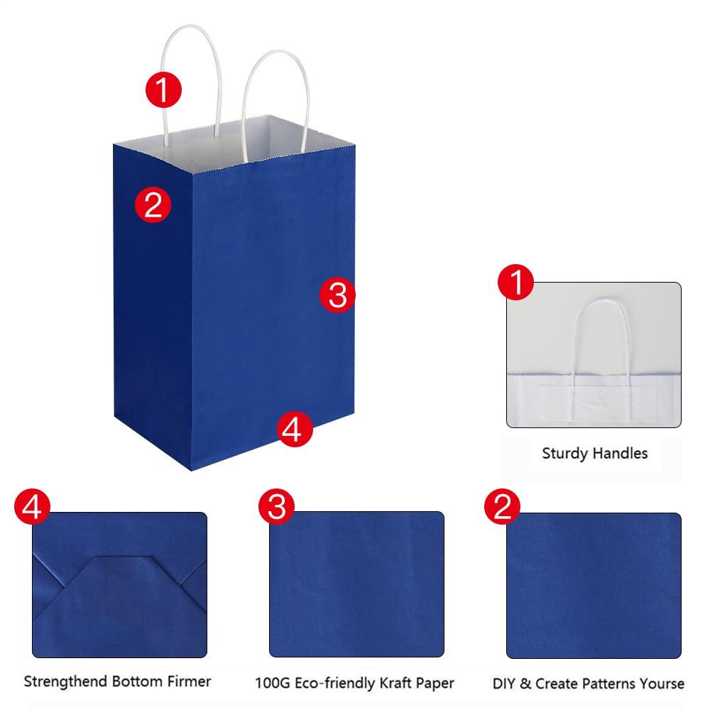 Oikss 100 Pack 5.25x3.25x8.25 Inch Small Royal Blue Kraft Paper Bags with Handles Bulk for Birthday Wedding Party Favors Grocery Retail Shopping Business Goody Craft Gift Bags Sacks (100pcs Count) - Image 3