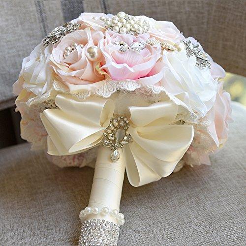 Abbie Home Luxury Brooch Bouquet for Wedding - Crystal Pearls and Rhinestone Jewelry Decorated Rose Flower Bridal Flower in Champagne Blush (Champagne) - Image 4