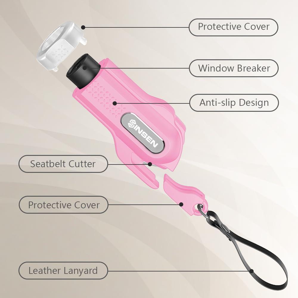 SINSEN Car Safety Hammer, 2-Pack Window Glass Breaker & Seatbelt Cutter, Emergency Keychain, Automotive Escape Kit and Survival Tool for Land/Underwater, Pink & White - Image 7