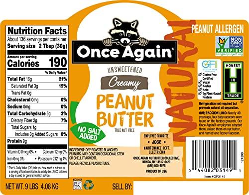 Once Again Natural, Creamy Peanut Butter, 9lb Bucket (same as 9 jars) - Salt Free, Unsweetened - Gluten Free Certified, Vegan, Kosher, Non-GMO Verified - Image 4