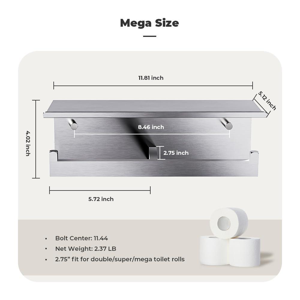 Double Toilet Paper Holder with Shelf, FreshGlow Large Tissue Holder Brushed Nickel, Wall Mount Commercial Toilet Paper Dispenser Phone Shelf Stainless Steel, Tissue Roll for Bathroom - Image 2