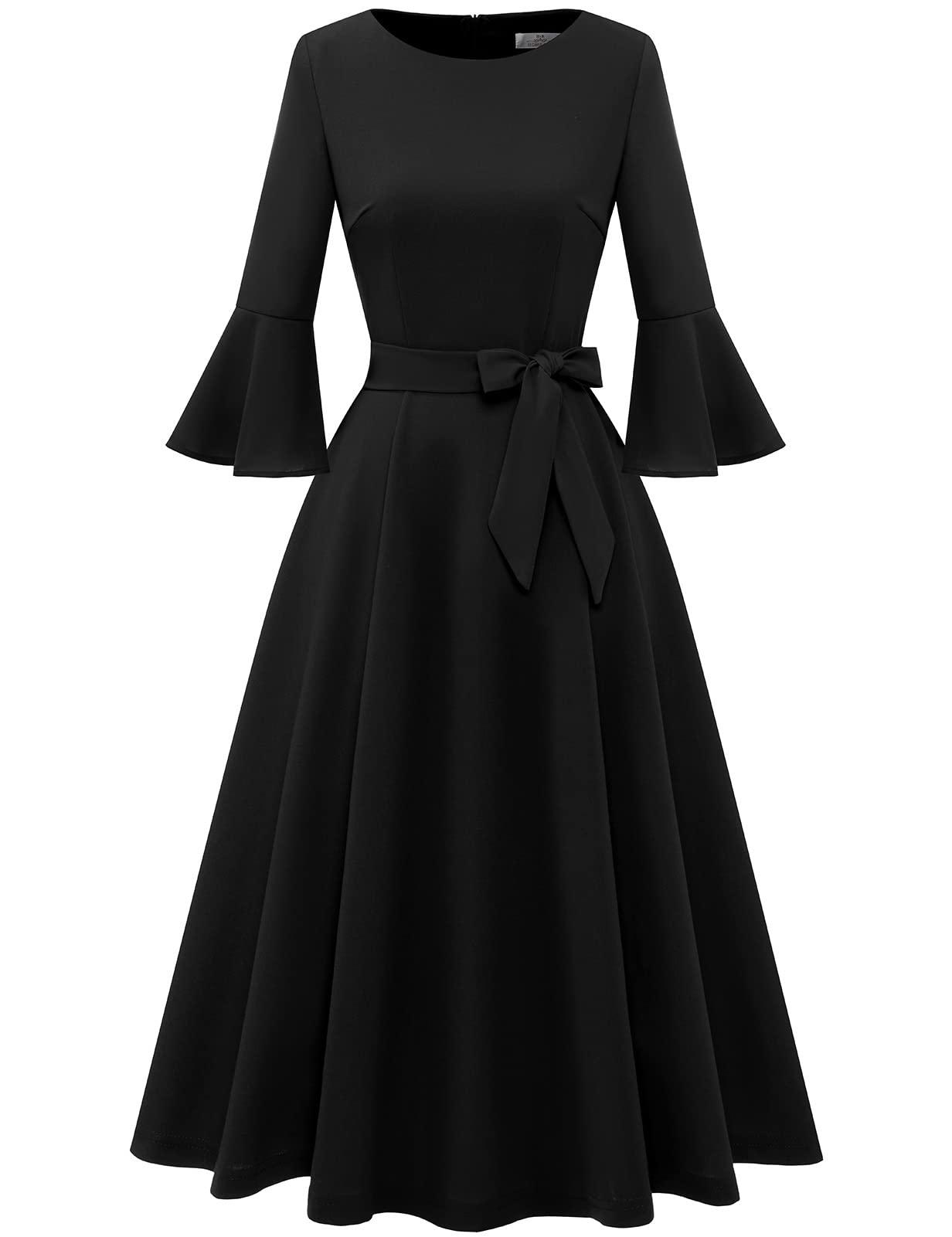 HomRain Women's Church Dresses for 2025 Wedding Guest Cocktail Tea Party Bell Sleeve Vintage Evening Graduation Dress
