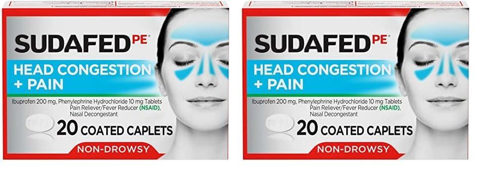 Sudafed PE Head Congestion + Pain Relief Caplets Ibuprofen Phenylephrine HCl, 20 Count (Pack of 2)