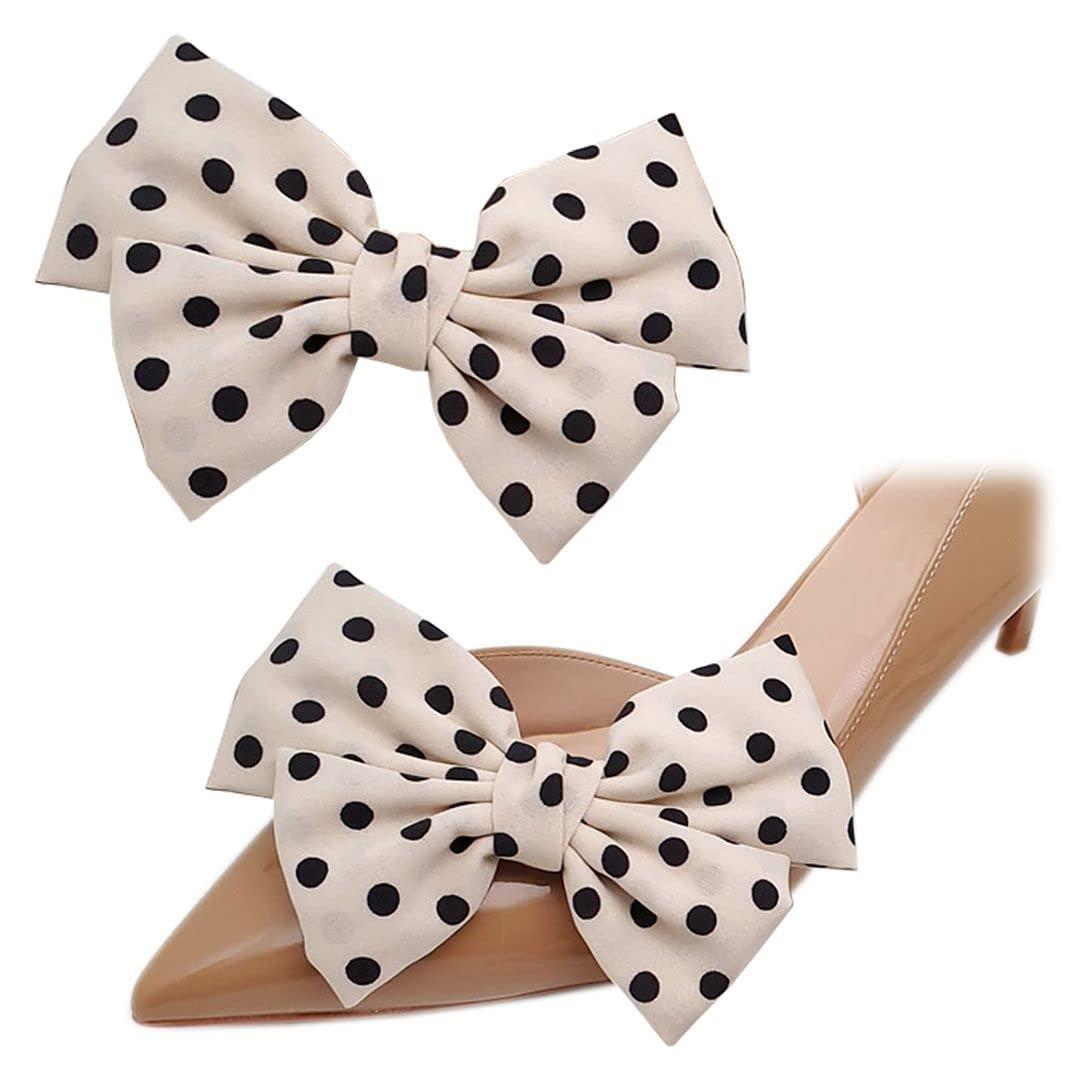 Tsangbaby Satin Bow Shoe Clips - Dots Solid Color Removable Elegant Wedding Party Shoe Buckle Bag Clothing Hair Accessories for Women Girls 2 Pcs