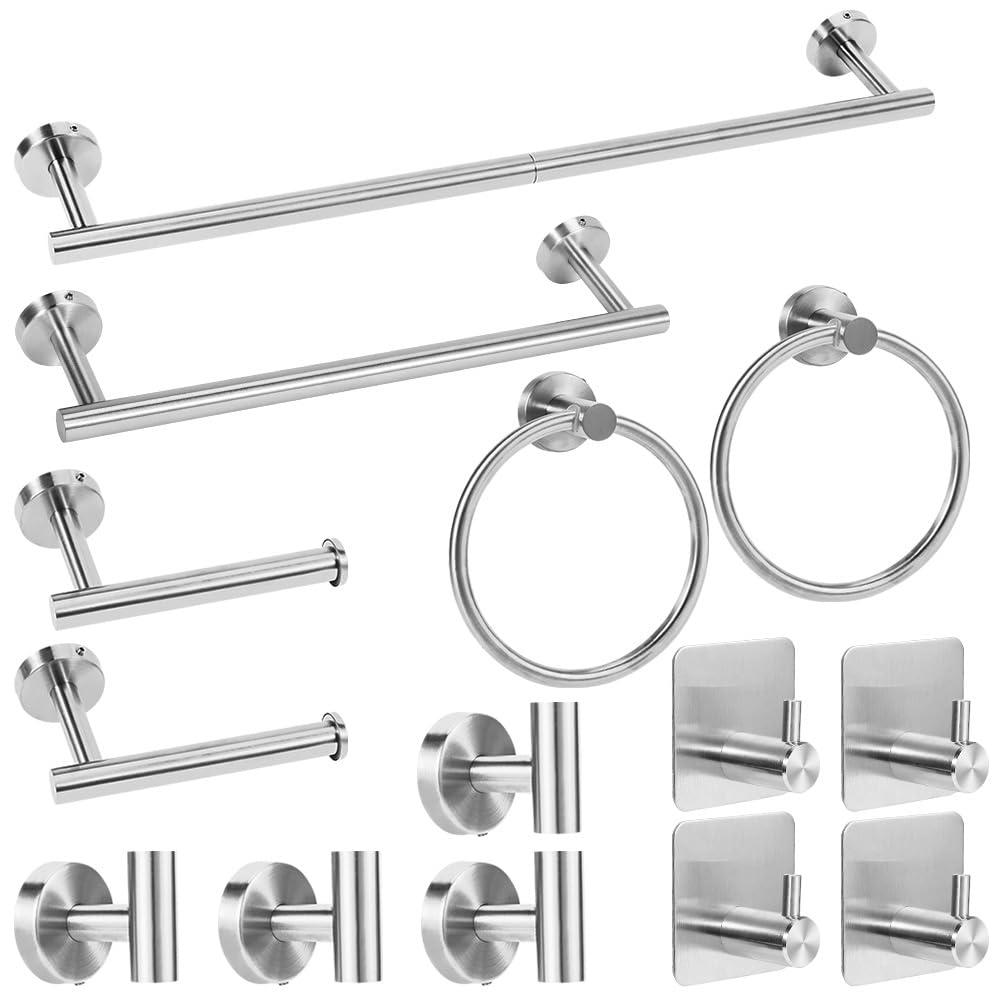 Brushed Silver Bathroom Towel Bar Set, 14-Piece Stainless Steel Hardware Bathroom Accessories, 16" and 24" Towel Racks for Bathroom Walls