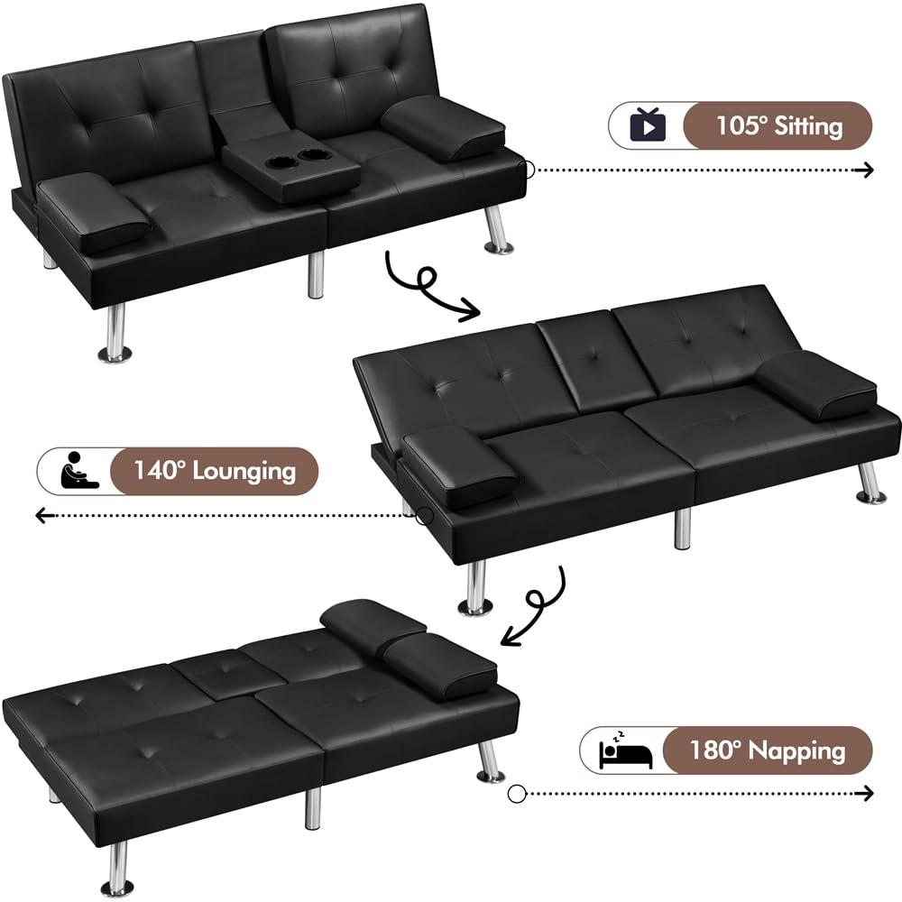 Yaheetech Convertible Sofa Bed Adjustable Couch Sleeper Modern Faux Leather Recliner Reversible Loveseat Folding Daybed Guest Bed, Removable Armrests, Cup Holders, 3 Angles, 772lb Capacity, Black - Image 5