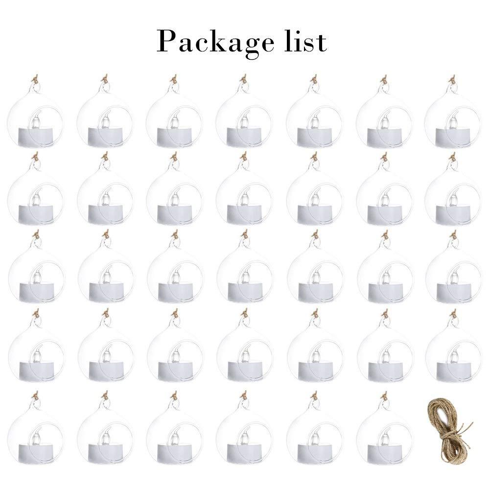 Sziqiqi Hanging Glass Globes Orbs Tea Light Candle Holders with Flameless LED Tealight for Wedding Ornaments, Wedding Birthday Christmas Party Centerpiece Accessory 2.36inch 30pcs +6 Extra - Image 9