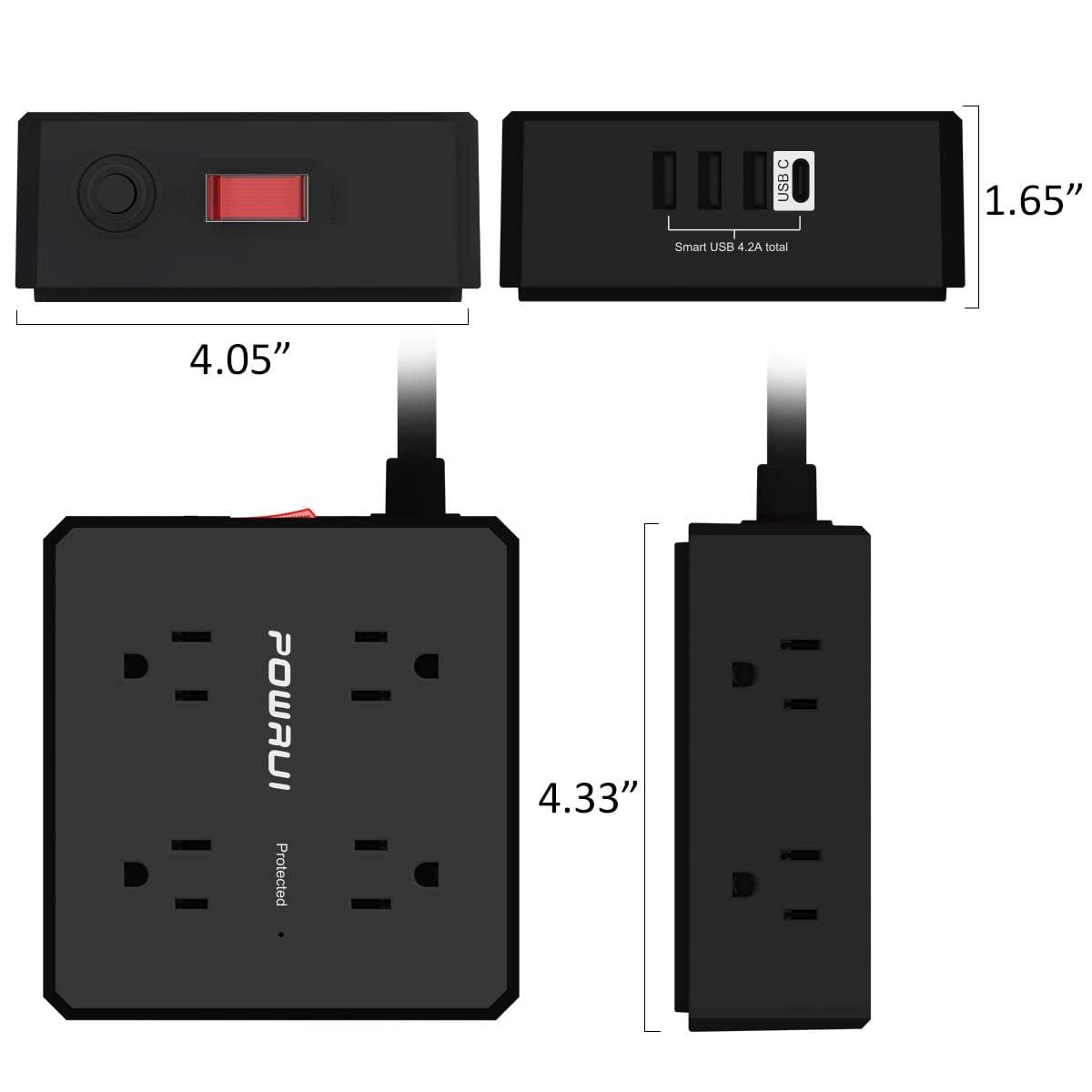 Surge Protector Power Strip - 6 Ft Flat Plug Extension Cord with 8 Widely Outlets and 4 USB Ports(1 USB C), 3 Side Outlet Extender for Home Office, Black, ETL Listed - Image 7