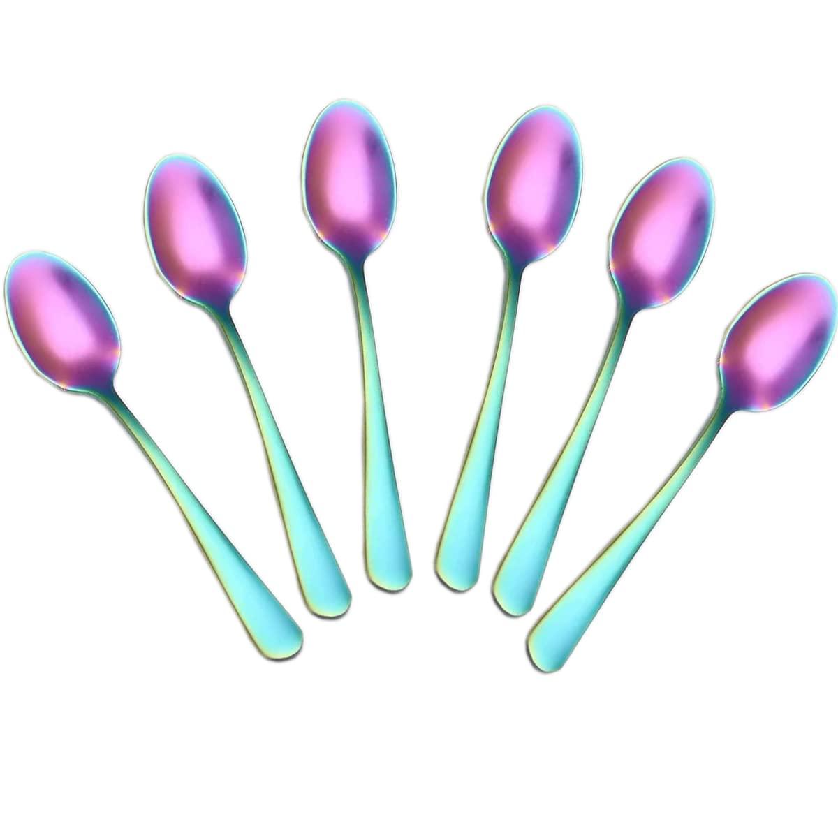 Demitasse Espresso Spoons, Mini Coffee Spoon, 4 Inches Stainless Steel Small Spoons for Dessert, Set of 6（Rainbow)