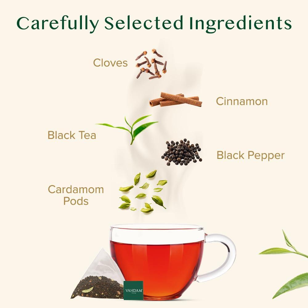 VAHDAM, India's Original Masala Chai Tea Bags (100 Count) No Added Flavoring | Blended w/Exotic Spices | Whole Leaf Tea Bags | Resealable Ziplock Pouch - Image 2