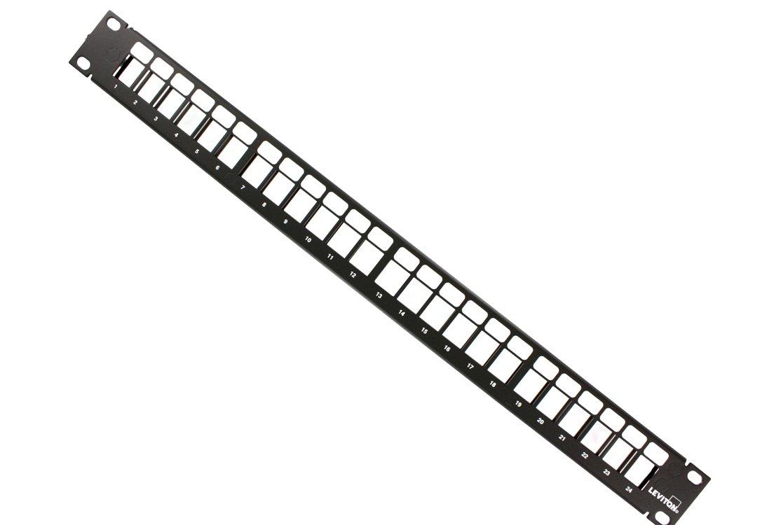 Leviton 49255-H24 QuickPort Patch Panel, 24-Port, 1RU, Cable Management Bar Included , Black - Image 1