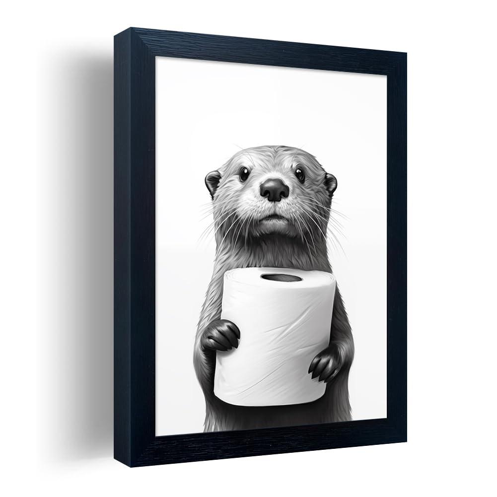 Bathroom Picture Wall Decor, Framed Black and White Bathroom Wall Art, Toilet Paper in Little Funny Raccoon's Hand Animal Canvas Print Painting