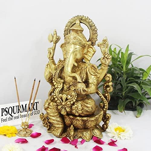 Lord Ganesha Brass Statue Sitting On Lotus mangalkari Ganesh, Decor India Mangalkari Ganesha Statue On Ganesha Height - 12 in , Gold - Image 5