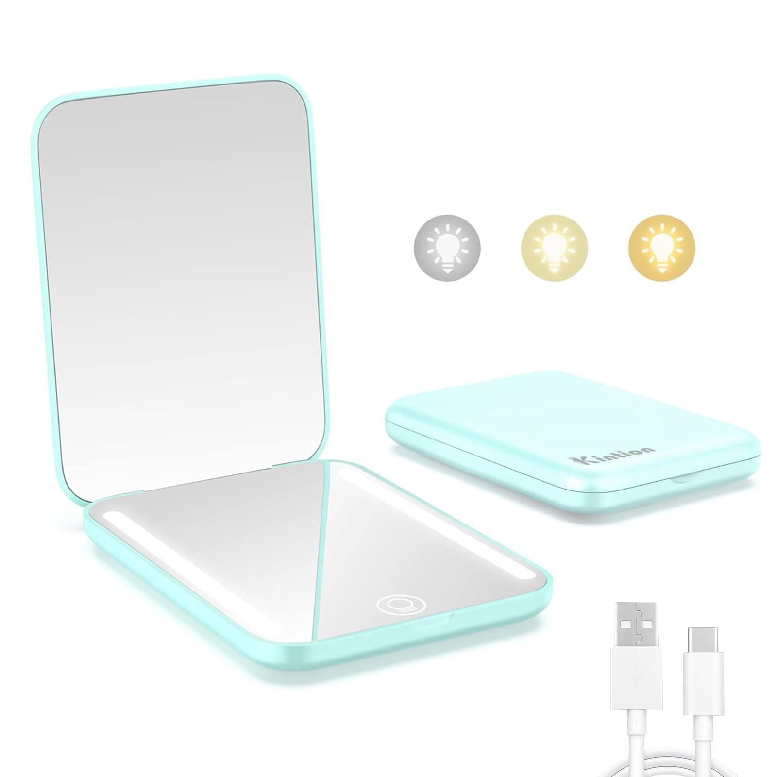 Kintion Rechargeable Pocket Mirror, Double Sided 1X/3X Magnification Compact Vanity Mirror, 3 Color Lights, Dimmable, Small Portable Wallet Mirror, Lighted Travel Mirror for Women Gifts, Cyan