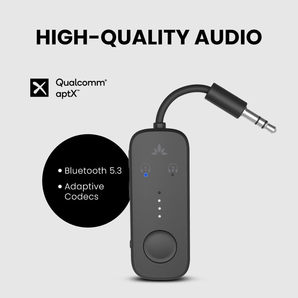 Avantree Relay - Airplane Bluetooth 5.3 Adapter with Qualcomm aptX Adaptive, Supports 2 AirPods or Headphones, 20Hr Playtime, 3.5mm AUX Wireless Audio Transmitter for Travel Flight, Airline, Gym, TV - Image 3
