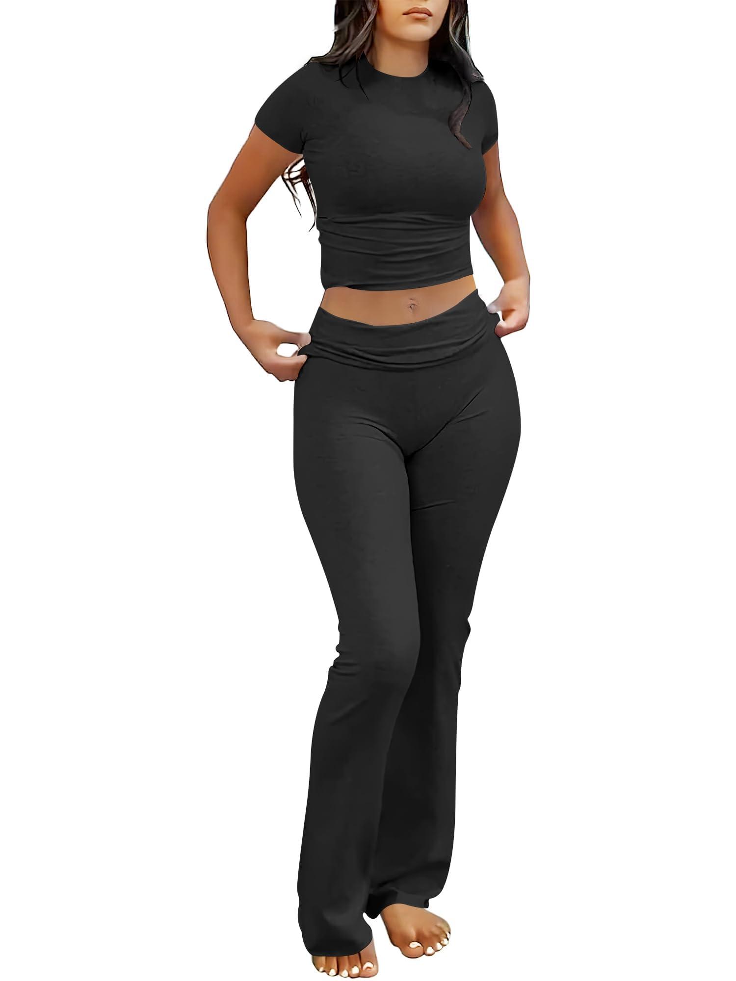 ANRABESS 2 Piece Sets for Women Lounge Sets Foldover Yoga Flare Leggings Pants and Cropped Tops Casual Y2k Outfits