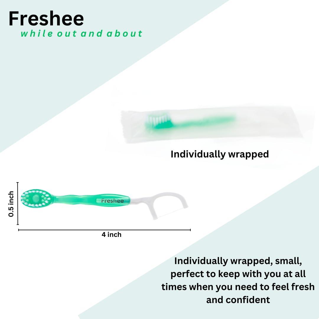 Freshee 5 in 1 Disposable Mini Toothbrush with Toothpaste + Floss + Pick + Tongue Scraper | Travel Size | Individually Wrapped | Soft | Mint | Travel Set | Oral Care - Image 3