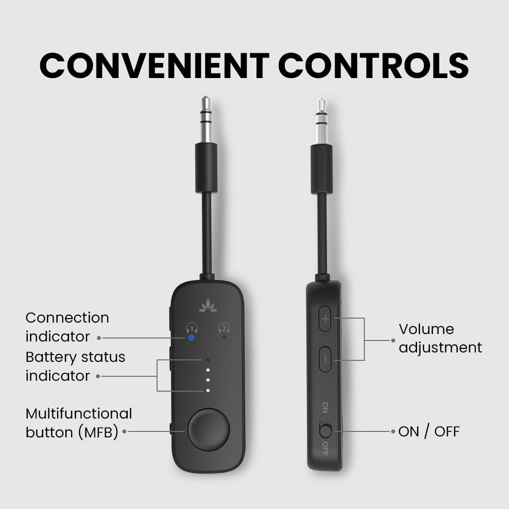 Avantree Relay - Airplane Bluetooth 5.3 Adapter with Qualcomm aptX Adaptive, Supports 2 AirPods or Headphones, 20Hr Playtime, 3.5mm AUX Wireless Audio Transmitter for Travel Flight, Airline, Gym, TV - Image 6