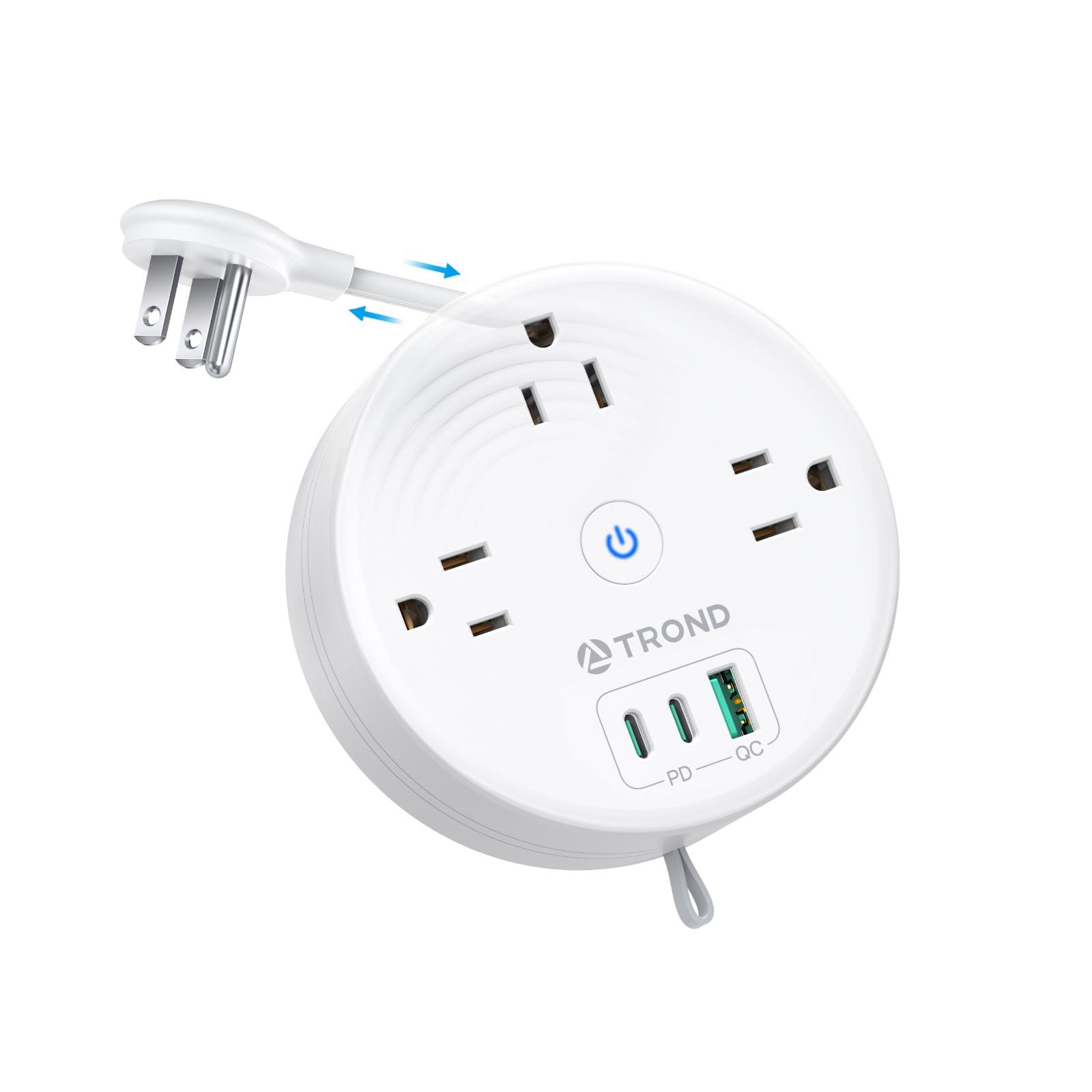 TROND 20W USB C Travel Power Strip - Retractable Extension Cord 5ft Ultra Thin Flat Plug, Power Strip with 3 AC Outlets and USB C Fast Charging, Cruise Ship Essentials, for Home Hotel Dorm Room, White