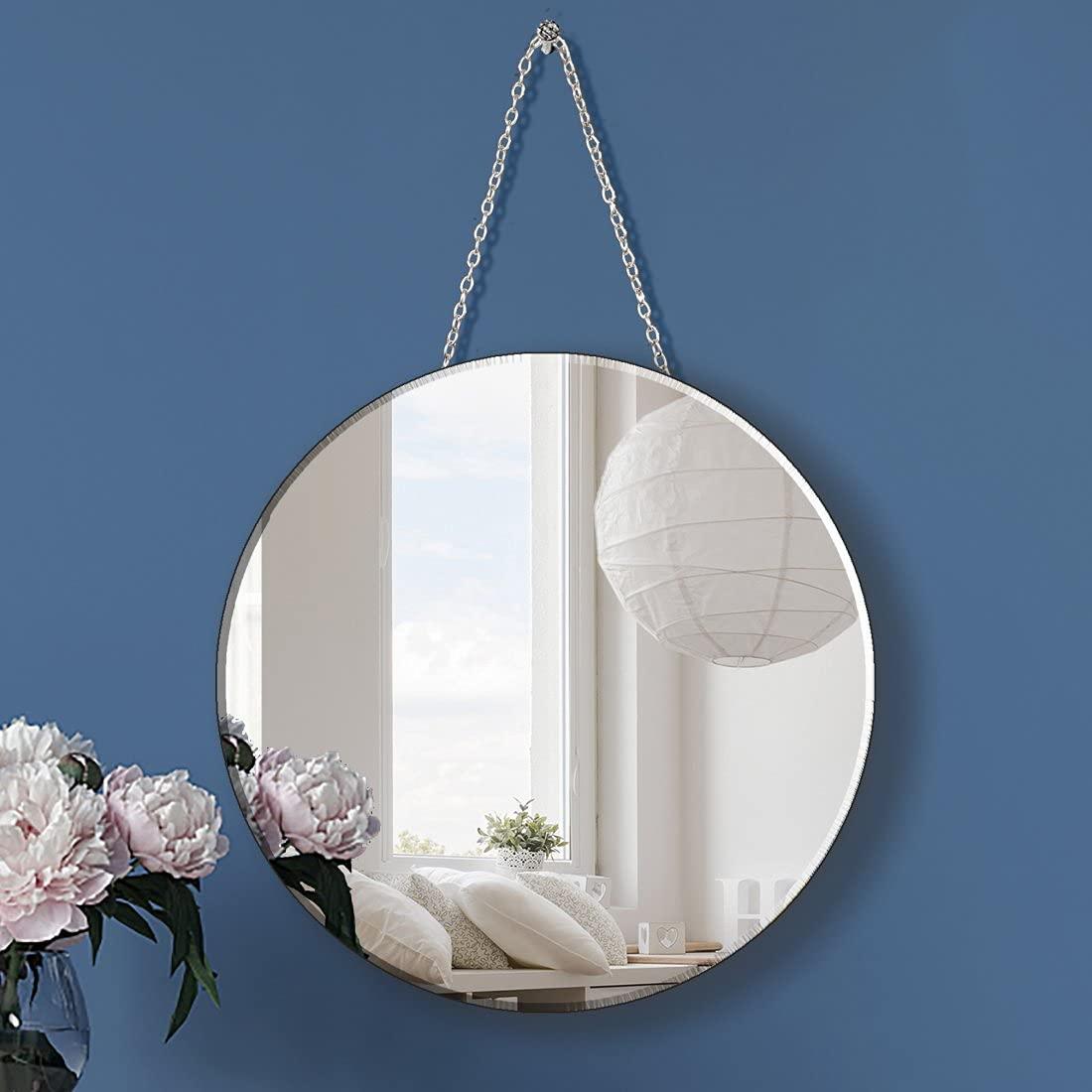 QMDECOR Round Silver Mirror with Iron Chain for Wall Decor Diameter Circle 11.5 inch Wall Hang Frame Less Mirror Small Handicraft Mirror